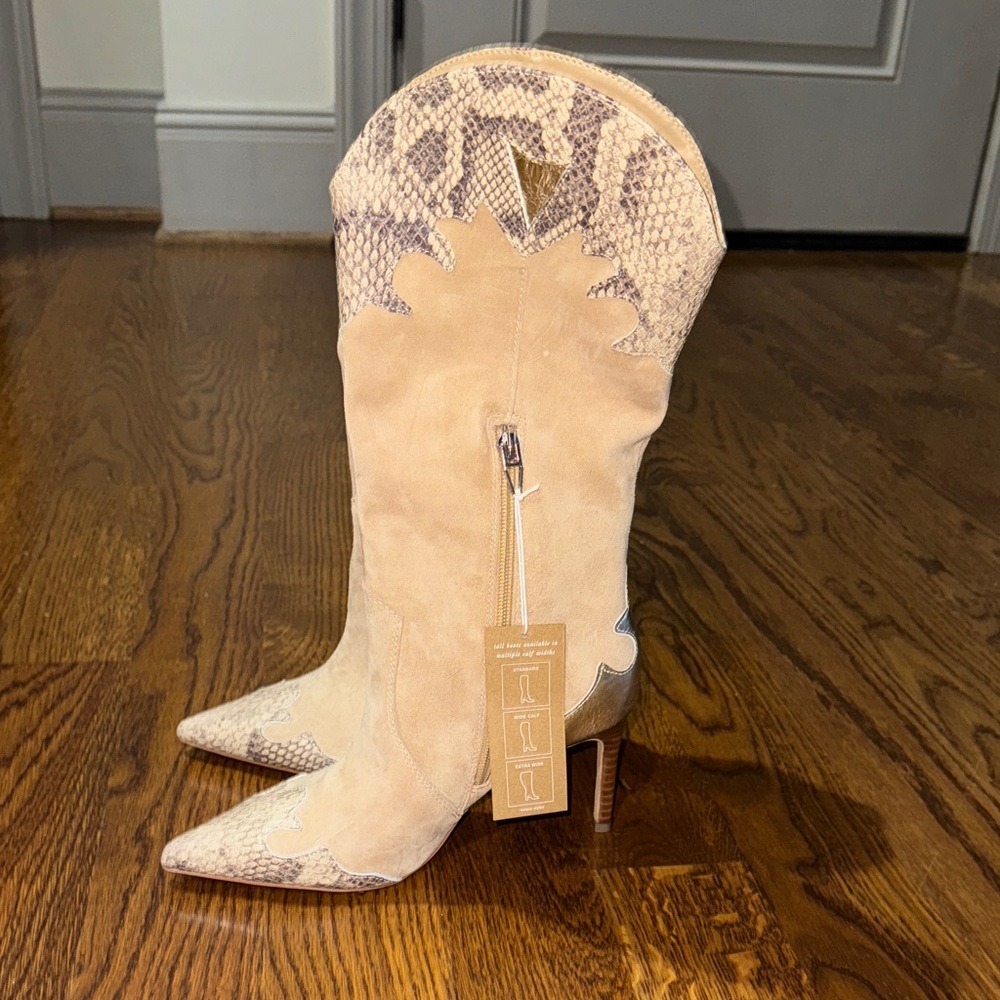 Dolce Vita Tan and Snake Print Heeled Boots